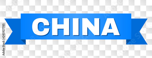 CHINA text on a ribbon. Designed with white caption and blue stripe. Vector banner with CHINA tag on a transparent background.