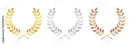 Golden, silver and bronze Award Laurel Wreath isolated on white background . Winner Leaf label, Symbol of Victory. Vector Illustration