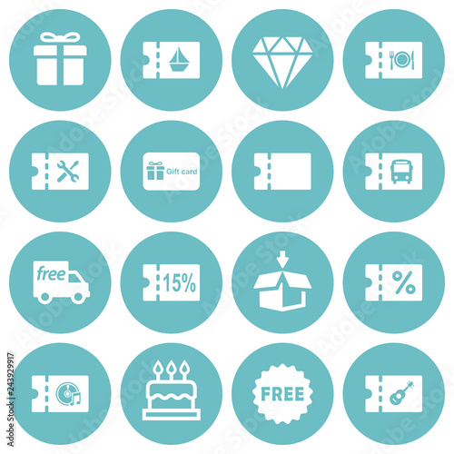 Set of 16 gift and coupon icons on round background