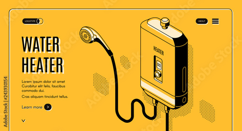 Energy efficient, affordable solutions for modern home bathroom isometric vector web banner, landing page. Shower faucet connected to tankless water heater illustration. Smart house plumbing equipment