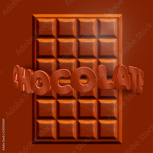 3D realistic chocolate bar with 3D 'CHOCOLATE' text, vector