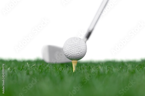 Golf Ball on Tee and Club on Golf Course