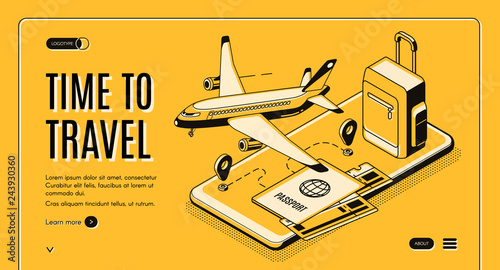 Online service, mobile app for travelers and tourists isometric vector web banner. Flying passenger airplane, baggage bag, airline tickets, traveling route on cellphone screen line art illustration