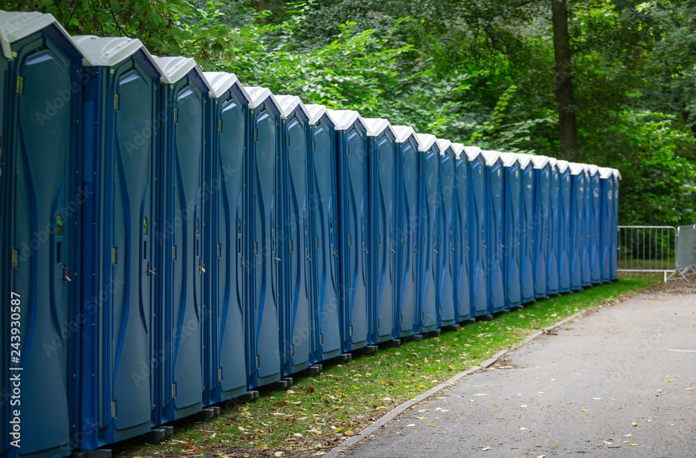 Fototapeta premium Bio public wc at a park. Locked, portable chemical lavatories. Nature background.