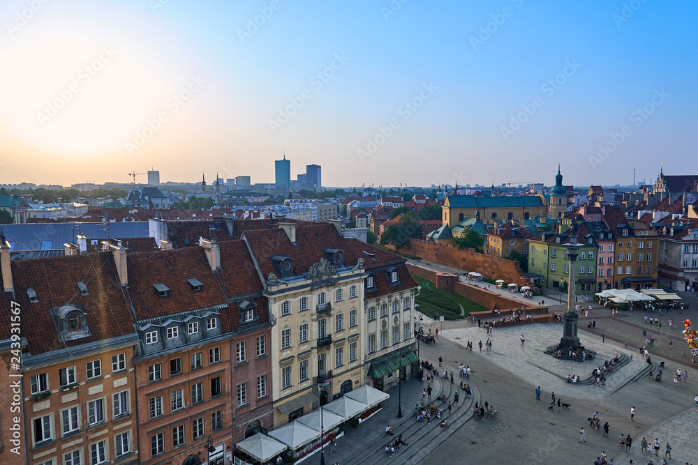 Warsaw, Poland - August 11, 2017: Beautiful aerial panoramic view of Plac Zamkowy square in Warsaw, with historic building, including Sigismund III Vasa Column, and people at summer sunset, Warsaw, Po