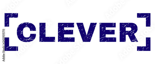 CLEVER label seal print with grunge style. Text label is placed inside corners. Blue vector rubber print of CLEVER with scratched texture.