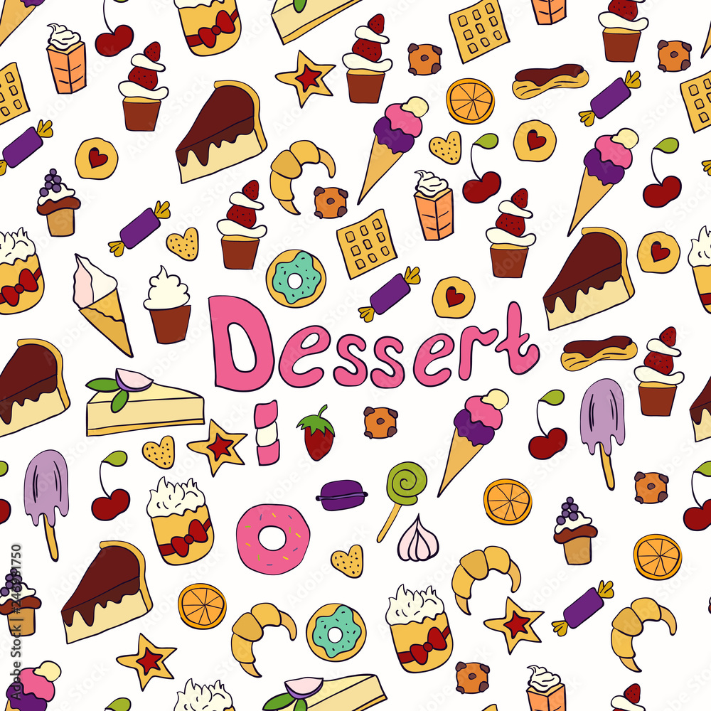 Doodle illustration of desserts and pastries. Hand drawn vector illustration made in cartoon style. Sweets and desserts. Doodle illustration of desserts and pastries. Hand drawn vector illustration made in cartoon style. Sweets and desserts.