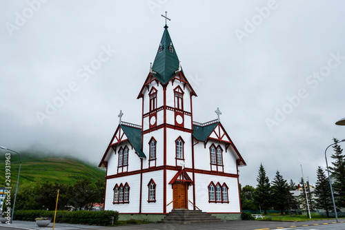 Street View at wooden Church in Husavik town photo