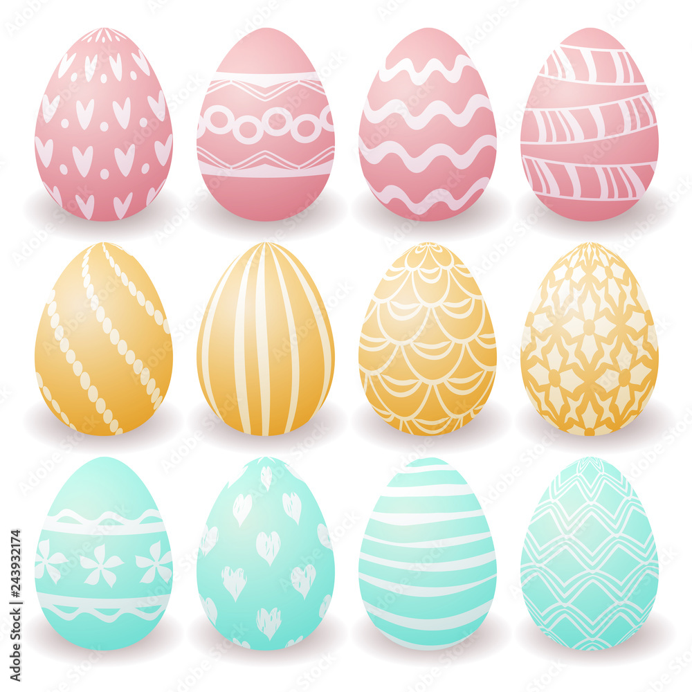 set of pink, yellow and blue Easter eggs with white patterns set of pink, yellow and blue Easter eggs with white patterns