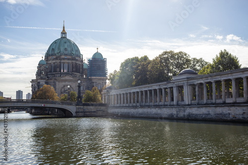 Berliner Dom, cathedral church on island museum in Berlin, Germany. Bridge in front, blue sky background.