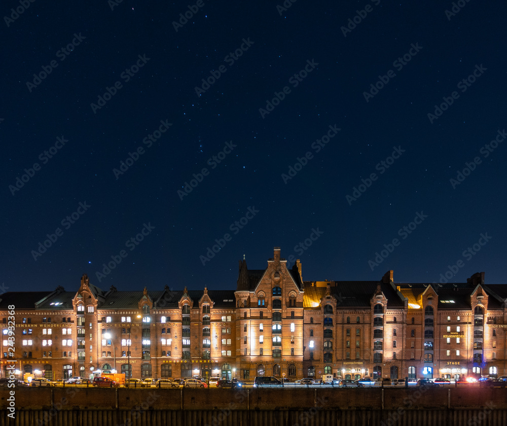 Hamburg Speicherstadt under the stars at night