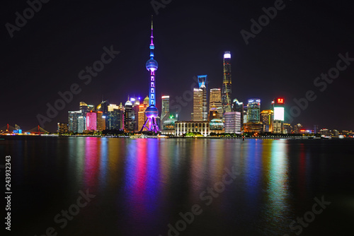 Night view of the modern Pudong skyline seen from the Bund in Shanghai, China 