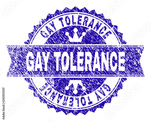 GAY TOLERANCE rosette stamp watermark with distress style. Designed with round rosette, ribbon and small crowns. Blue vector rubber watermark of GAY TOLERANCE title with corroded style.