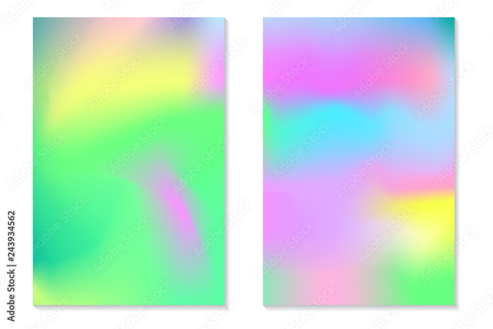 Fototapeta premium Gradient Hologram Backgrounds. Set of colorful holographic posters in retro style. Vibrant neon pastel texture. Vector gradient template for flyer, banner, mobile screen.