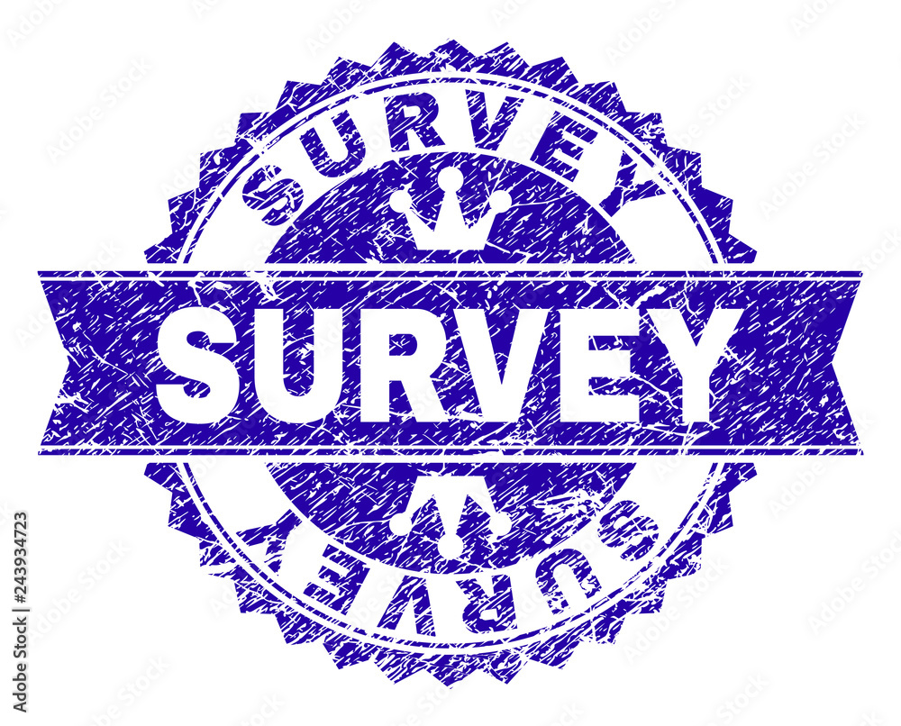 SURVEY rosette seal watermark with grunge effect. Designed with round rosette, ribbon and small crowns. Blue vector rubber watermark of SURVEY label with grunge style. SURVEY rosette seal watermark with grunge effect. Designed with round rosette, ribbon and small crowns. Blue vector rubber watermark of SURVEY label with grunge style.