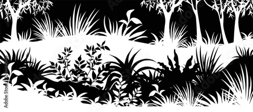 Background laser cutting plants forest. Silhouette leafs trees and grass. Vector illustration.