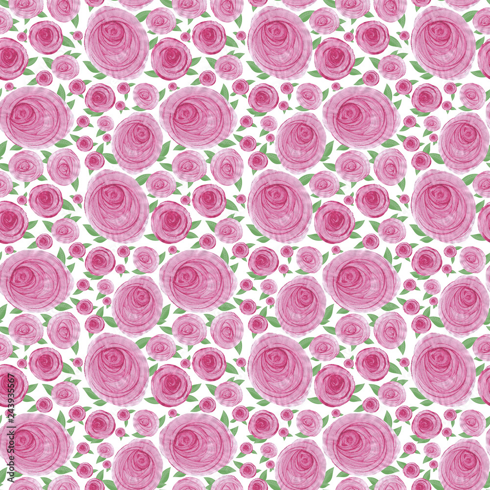 Seamless watercolor background of pink strokes in the form of rose flowers with leaves Seamless watercolor background of pink strokes in the form of rose flowers with leaves