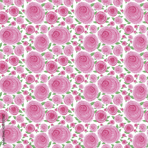 Seamless watercolor background of pink strokes in the form of rose flowers with leaves