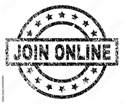 JOIN ONLINE stamp seal watermark with distress style. Designed with rectangle, circles and stars. Black vector rubber print of JOIN ONLINE title with unclean texture.