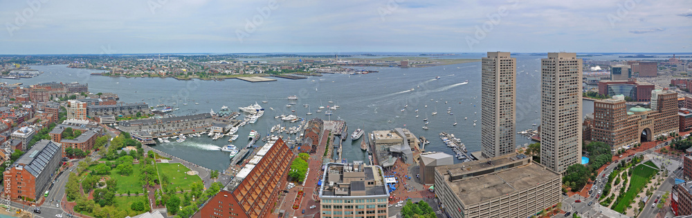 Aerial view of Boston Waterfront, Long Wharf and North End panorama, from top of Custom House, Boston, Massachusetts, USA.