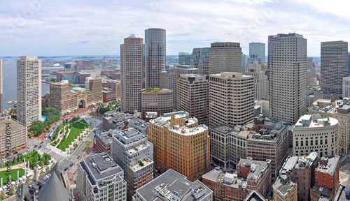 Photography Aerial view of Boston Financial District Skyscrapers panorama, from Custom House, Boston, Massachusetts, USA