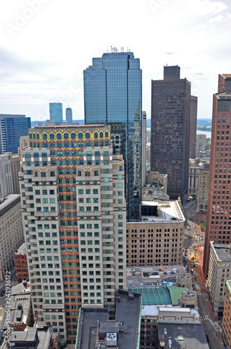 Aerial view of Boston Financial District Skyscrapers, from Custom House, Boston, Massachusetts, USA.