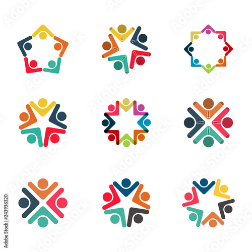 Graphic group connecting,People Connection logo set,Team work in a circle holding hands,Business person meeting in the same power room,Vector icons