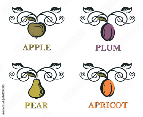 collection of different fruits emblems, apple, plum, pear, apricot