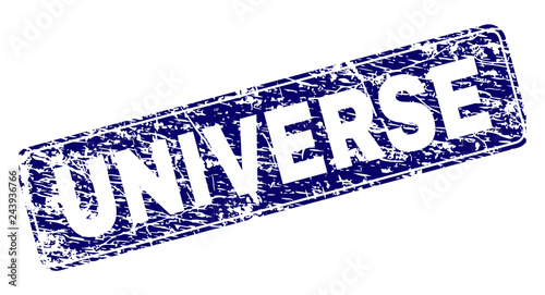 UNIVERSE stamp seal print with grunge style. Seal shape is a rounded rectangle with frame. Blue vector rubber print of UNIVERSE tag with unclean style.