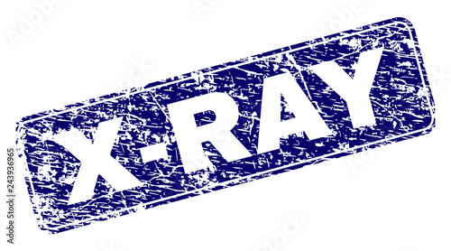 X-RAY stamp seal imprint with grunge style. Seal shape is a rounded rectangle with frame. Blue vector rubber print of X-RAY tag with grunge style.