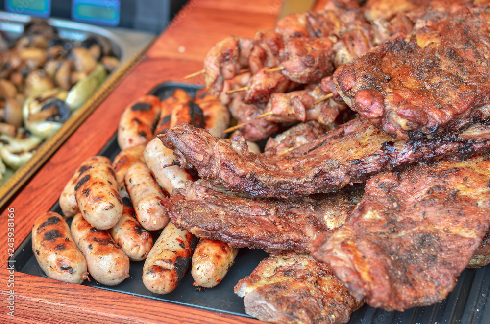 Grilled meat in assortment at festival