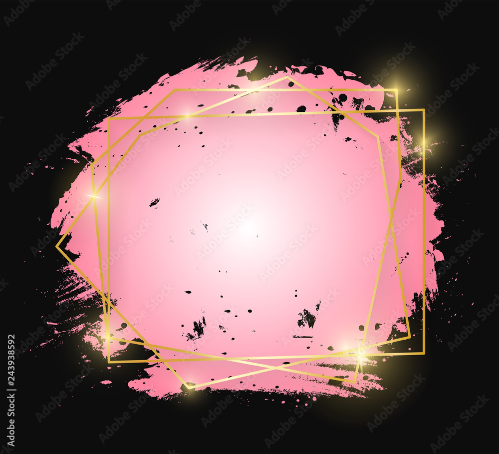 Gold shiny glowing art frame with pink brush strokes isolated on black  background. Golden line border for invitation, card, sale, fashion,  wedding, print etc. Woman, Valentine or mother day. Vector Stock Vector |