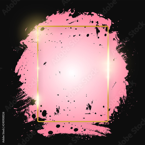 Gold shiny glowing rectangle frame with pink brush strokes isolated on black background. Golden line border for invitation, card, sale, fashion, wedding, print. Woman, Valentine or mother day. Vector