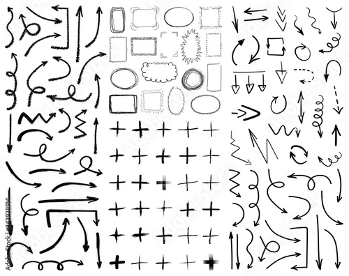 Collection of black hand drawn arrows,frames and plus symbols isolated on white background. Simple, grunge, sketch, modern style. Vector illustration