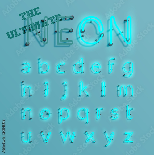 Realistic blue neon character typeset, vector