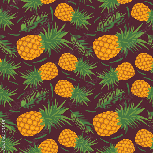 Exotic graphic illustration seamless pattern with yellow pineapple fruits and green leaves on dark purple background