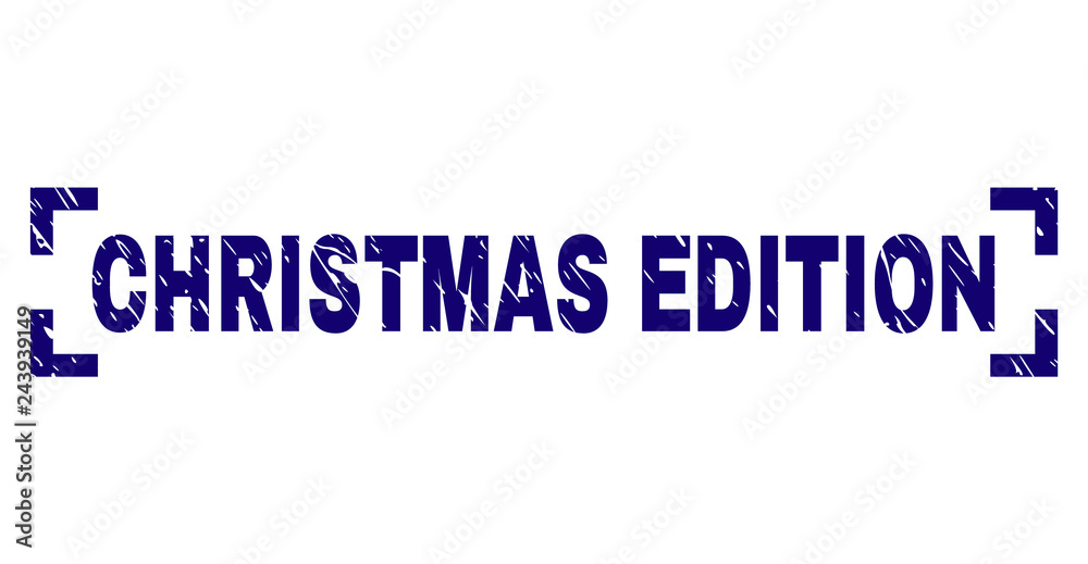 CHRISTMAS EDITION text seal print with grunge style. Text label is placed inside corners. Blue vector rubber print of CHRISTMAS EDITION with dust texture.