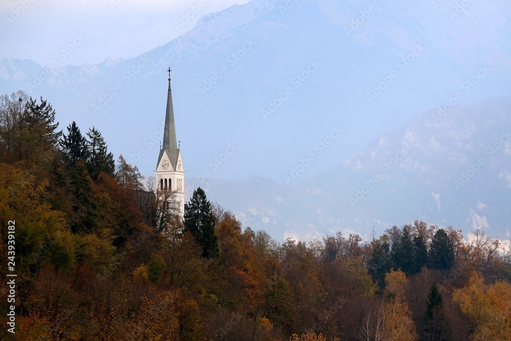 St. Martin`s Parish Church on Lake Bled, Slovenia. Lake Bled is popular travel destination in Slovenia.