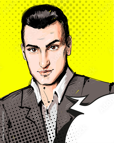 Handsome serious man portrait. Businessman in jacket pop art retro comic style illustration with halftone backgrounds and speech bubble