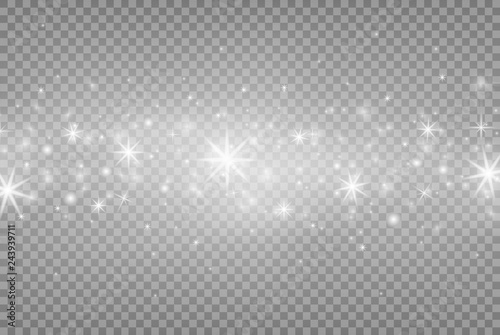 White sparks and silver shiny stars with light effect. Magic dust particles. Vector sparkles effect on transparent background. Christmas and New year abstract pattern. Vector illustration