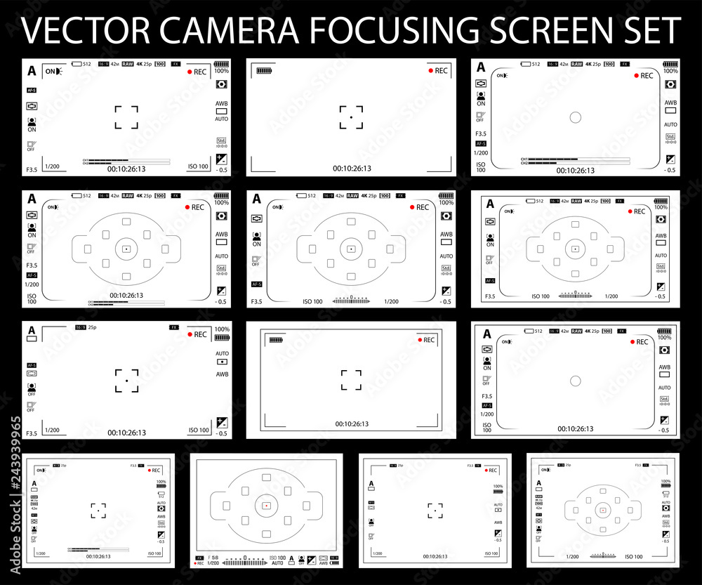 Fototapeta premium Camera focusing screen with settings 13 in 1 pack - digital, mirorless, DSLR, cameraphone isolated. Viewfinders camera recording. Vector illustration