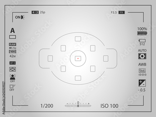 White modern digital camera focusing screen template with vignetting effect. Viewfinder mirrorless, DSLR or cameraphone camera recording. Vector illustration photo