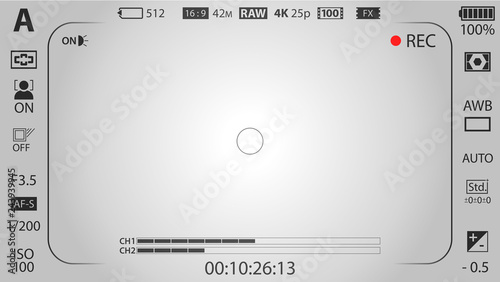 White modern digital camera focusing screen template with vignetting effect. Viewfinder mirrorless, DSLR or cameraphone camera recording. Vector illustration