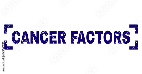 CANCER FACTORS text seal watermark with distress texture. Text tag is placed between corners. Blue vector rubber print of CANCER FACTORS with corroded texture.