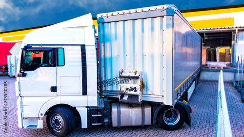 Loading Lorry Trailer . Truck on the road . Commercial transport .  truck transport container photo