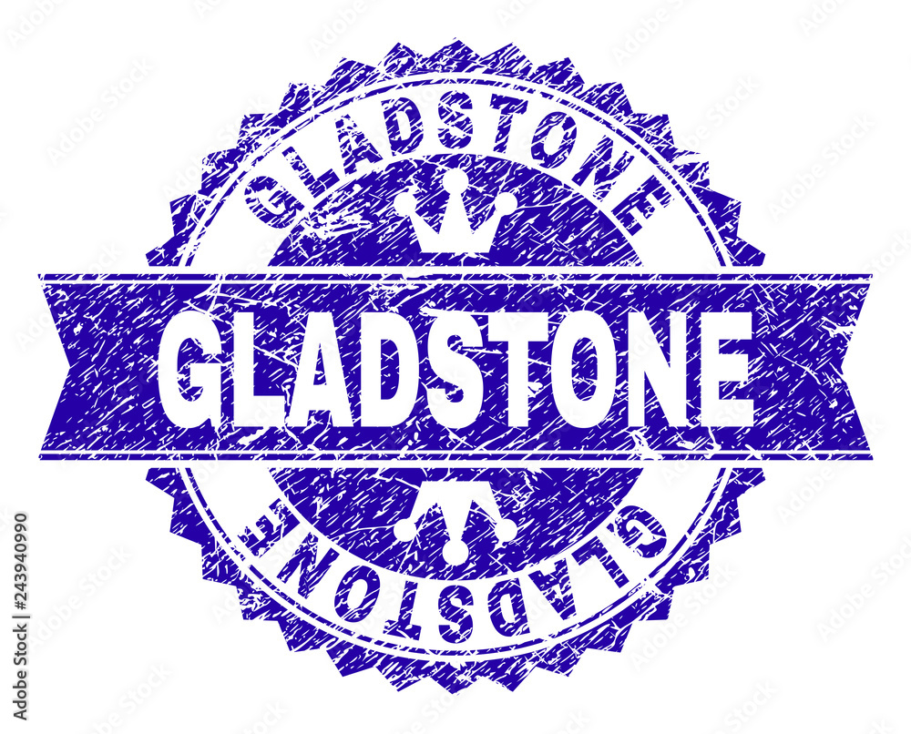 GLADSTONE rosette stamp seal imprint with grunge style. Designed with round rosette, ribbon and small crowns. Blue vector rubber watermark of GLADSTONE label with grunge style. GLADSTONE rosette stamp seal imprint with grunge style. Designed with round rosette, ribbon and small crowns. Blue vector rubber watermark of GLADSTONE label with grunge style.