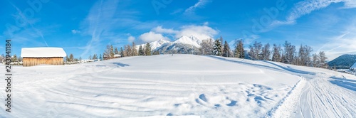 Wide panoramic view of winter landscape with snow covered trees and Alps in Seefeld in the Austrian state of Tyrol. Winter in Austria © beataaldridge