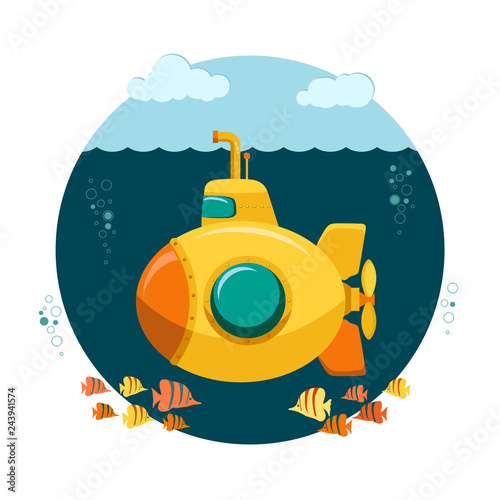 Yellow Submarine undersea with fishes, Flat design. Vector