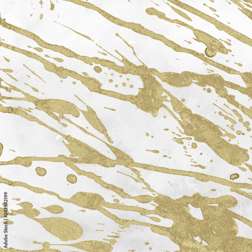 Luxury gold and white metal paint splatter effect on watercolor paper