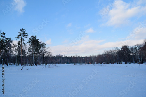 Beautiful evening view of the lake in winter near the Park. The landscape is cold. © YAROSLOVEPHOTOVIDEO